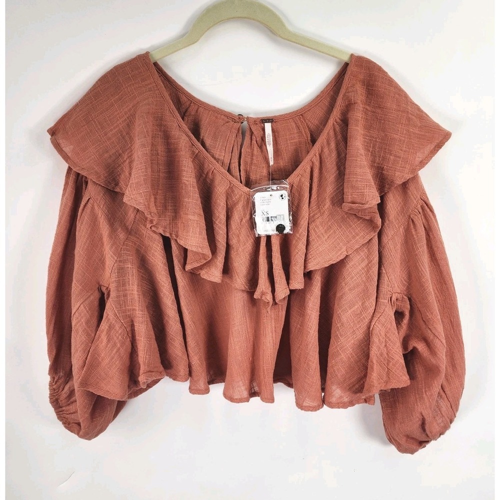 Free People Zuri Ruffle Top Women's XS Open Back Ginger Spice Crop Festival Boho